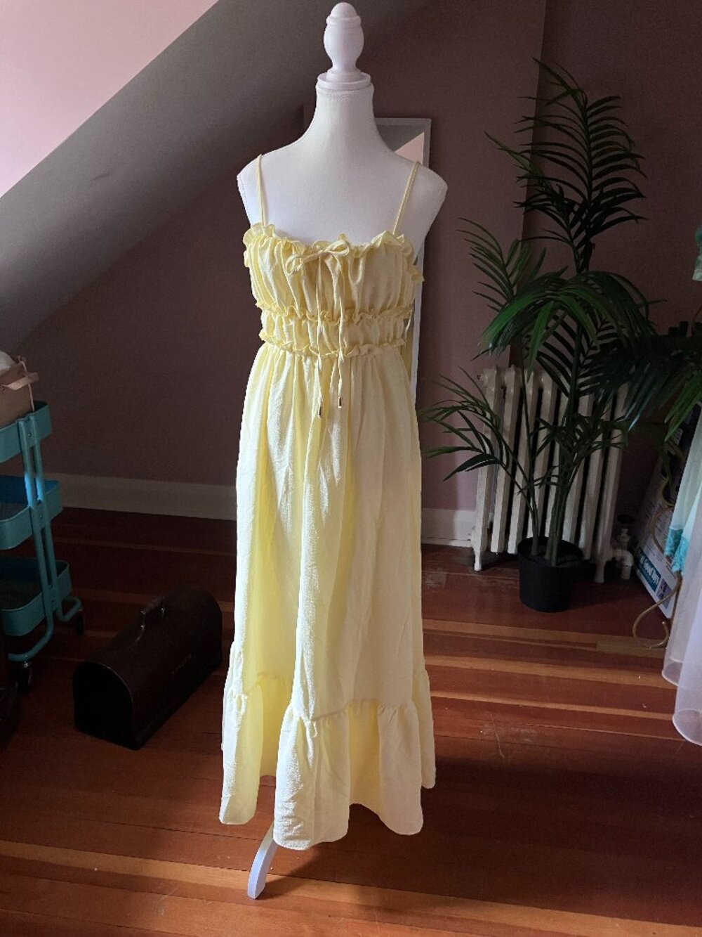 Yellow ruched empire waist maxi dress ruffled peasant milkmaid style long gown